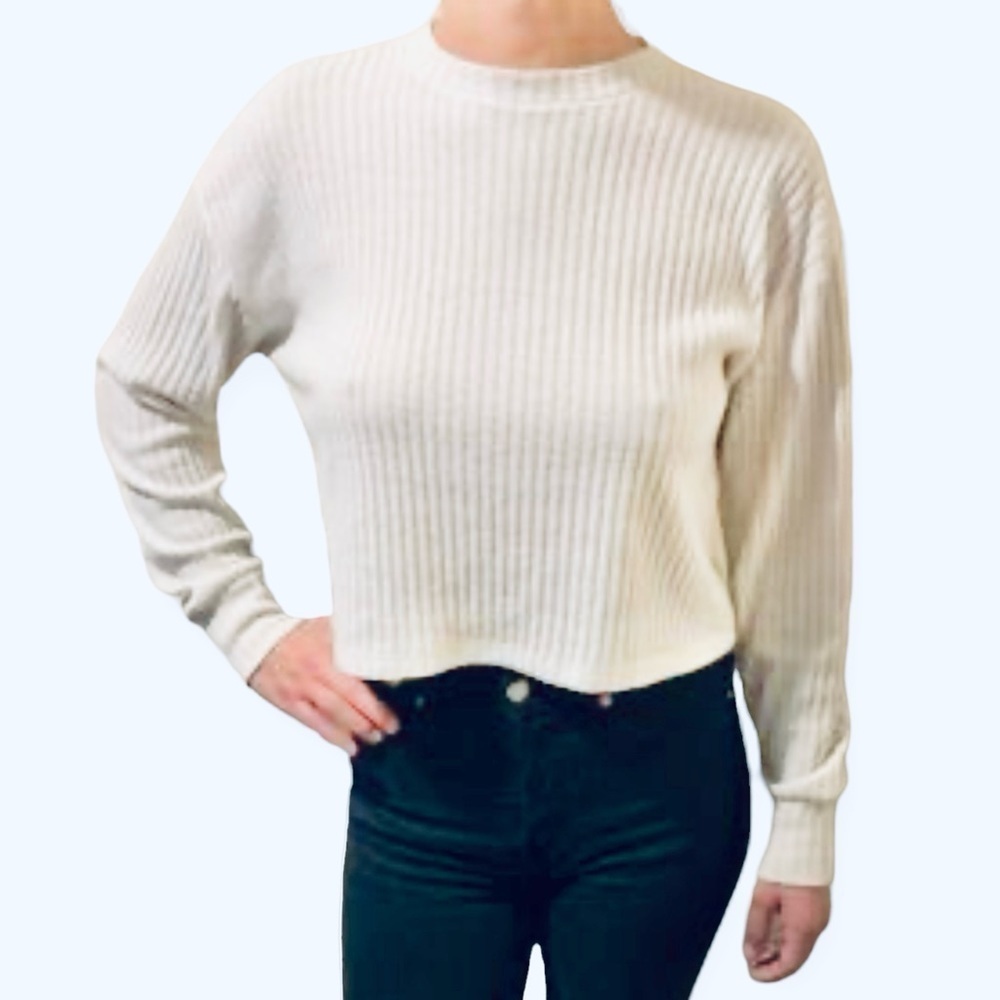 Wilfred Cream Ribbed Crop Long Sleeve Knit Top Size XS
